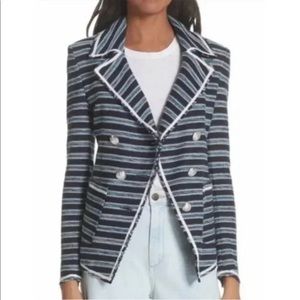 Veronica Beard Carroll Portrait-Neck Striped Tweed Double-Breasted Jacket 4 Blue